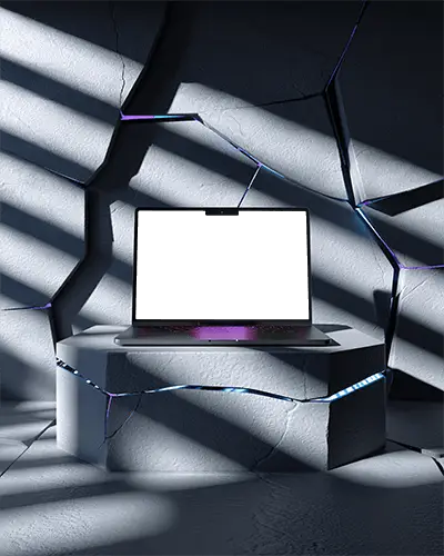 Macbook Air M5 Mockup On Cracked Stone Platform With Dramatic Shadow Lines And Cool Light Glow