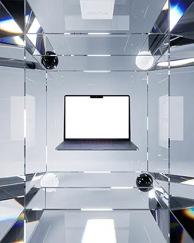 Macbook Pro M2 Mockup Floating In Crystal Cube Room With Prismatic Light And Futuristic Clarity