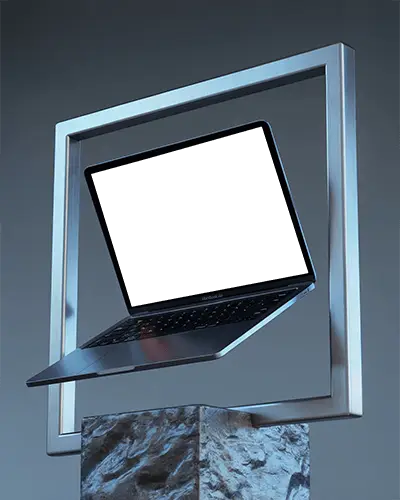 Macbook Air M1 Mockup Floating Through Metal Frame With Stone Base And Cool Studio Lighting