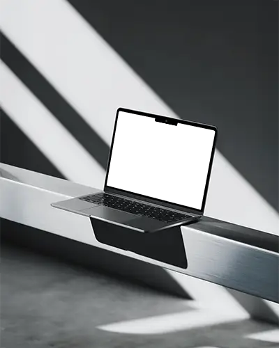 Macbook Air M3 Mockup On Metal Beam With Sharp Diagonal Light And Modern Minimal Studio Style