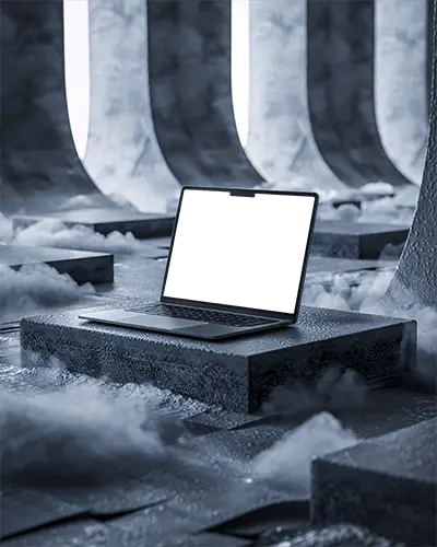 Macbook Air M3 Mockup On Textured Stone Platform With Dramatic Fog And Cool Futuristic Atmosphere