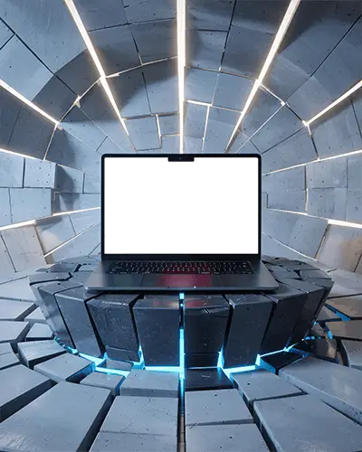 Macbook Air M5 Mockup On Futuristic Stone Platform With Blue Core Light And Tunnel Geometry