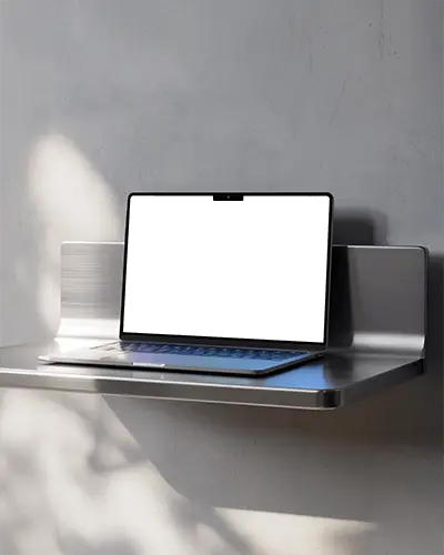 Macbook Pro M5 Mockup On Brushed Metal Shelf With Soft Natural Light And Minimal Modern Tone