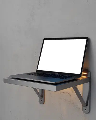 Macbook Air M1 Mockup On Metal Wall Shelf With Soft Backlight And Clean Minimal Industrial Style