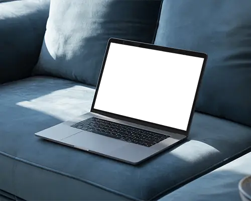 Macbook Pro M1 Mockup On Soft Blue Sofa With Natural Window Light And Cozy Modern Interior Tone