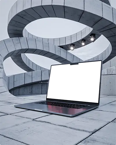 Macbook Pro M3 Mockup On Concrete Tiles With Sweeping Architectural Ramps And Cool Modern Light