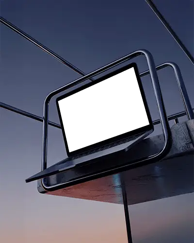 Macbook Pro M1 Mockup In Metal Frame Structure With Dusk Sky Light And Modern Minimal Tone