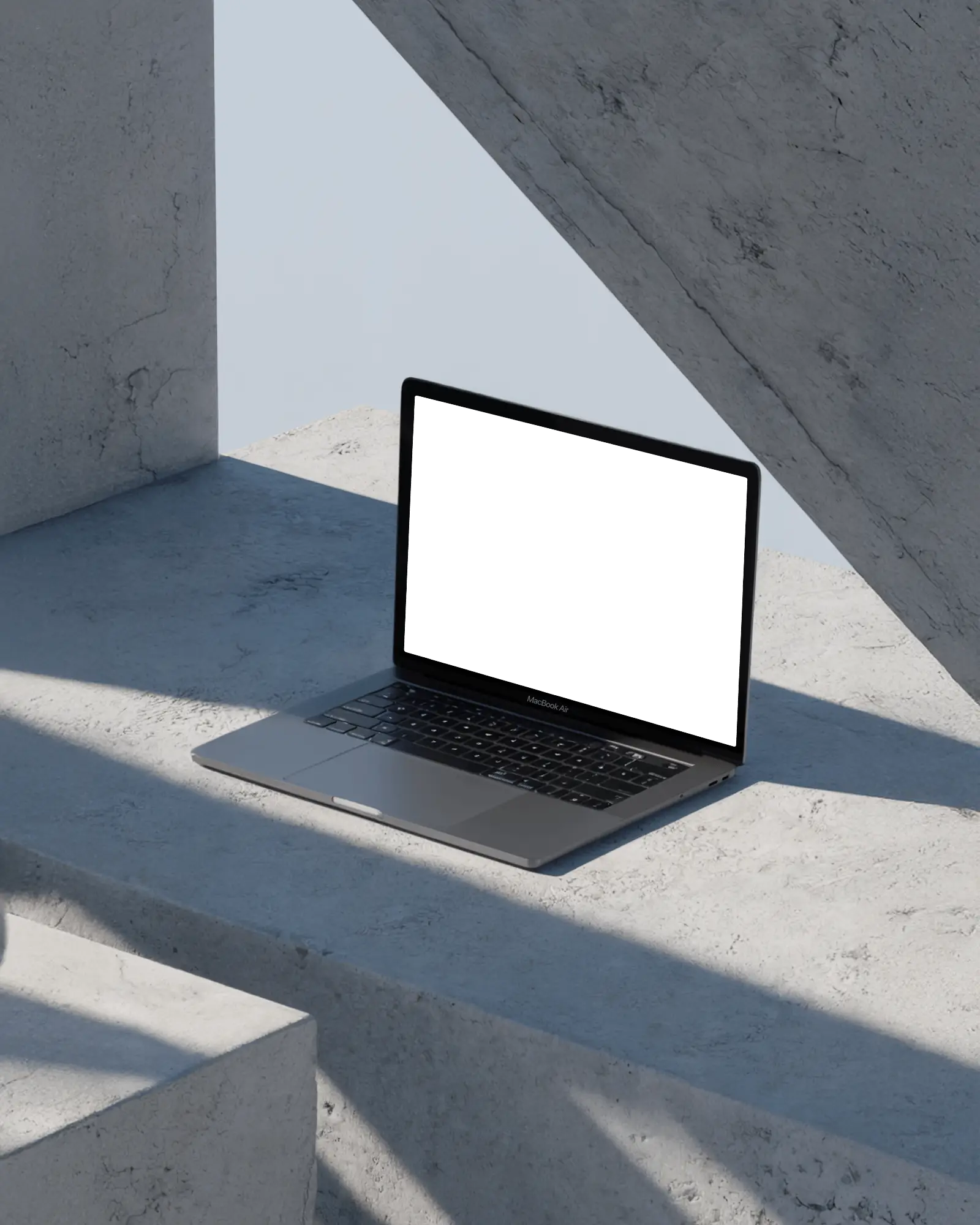 Macbook Air M1 Mockup On Concrete Steps With Soft Sunlight And Clean Minimal Modern Aesthetic