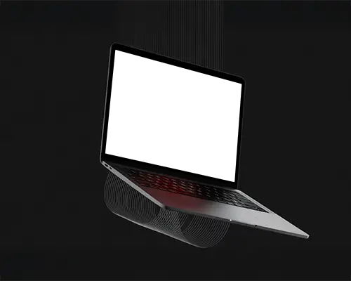 Macbook Pro M1 Floating In Dark Studio With Minimal Line Arcs And Deep Shadow Contrast