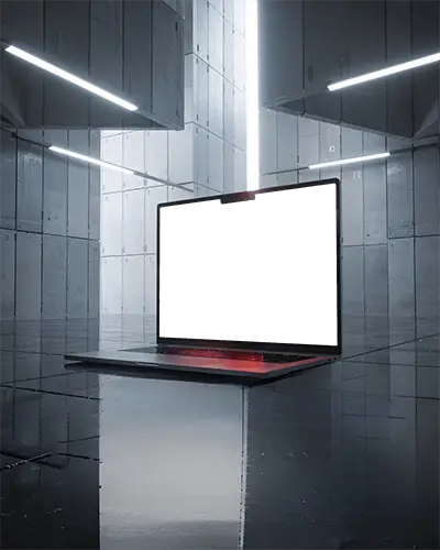 Macbook Air M2 Mockup In Sci Fi Metal Room With Bright Vertical Light Beams And Polished Floor