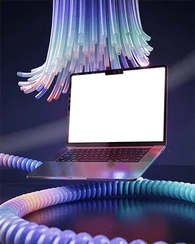 Macbook Pro M5 Mockup Surrounded By Glowing Tubes With Iridescent Neon Light And Futuristic Style