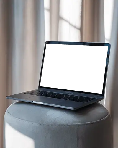Macbook Air M1 Mockup On Soft Round Stool With Gentle Curtain Light And Minimal Modern Aesthetic