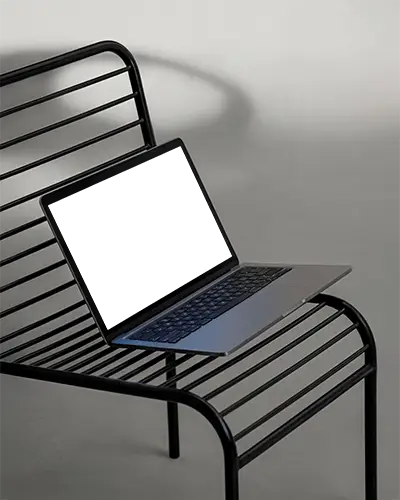 Macbook Pro M1 Mockup On Modern Metal Bench With Soft Studio Light And Clean Minimal Aesthetic