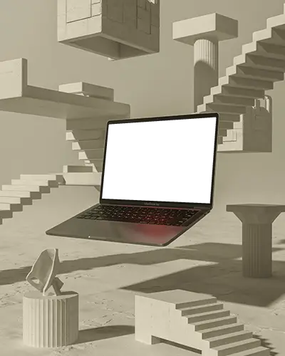 Modern Floating Macbook Air Mockup With Surreal Staircase Background For Showcasing Designs