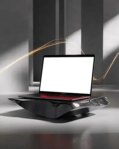 Sleek Modern Macbook Air Mockup On Reflective Abstract Podium With Light Trail Effect
