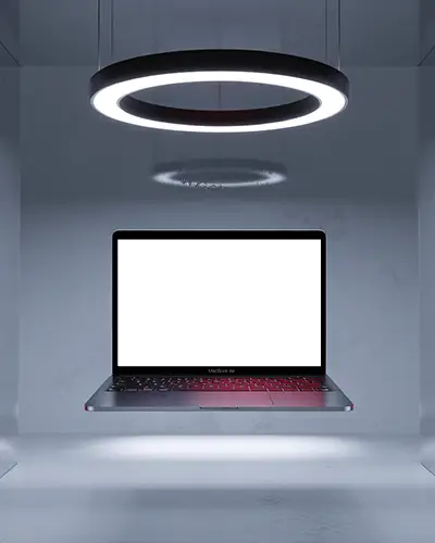 Sleek Minimalist Macbook Air Mockup Floating In Modern Lightbox Showcase For Design Presentations