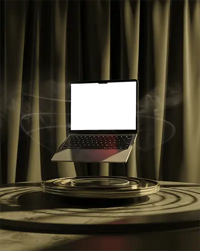 Sleek Floating Macbook Air M2 Mockup With Black Screen And Smoky Background For Presentations