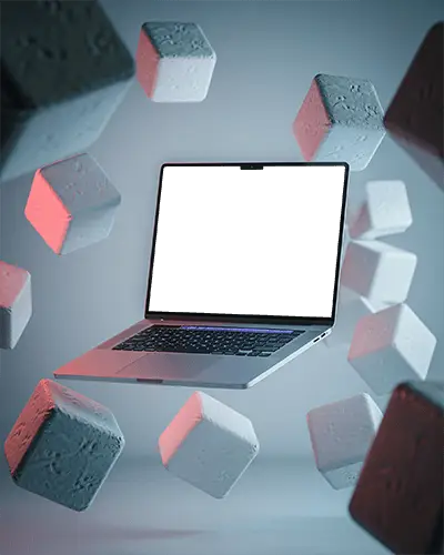 Professional Macbook Pro M3 Mockup With Abstract Cube Elements Isolated On Neutral Background