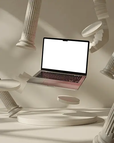 Sleek Floating Macbook Pro M4 Mockup With Classical Pillars And Modern Technology Design