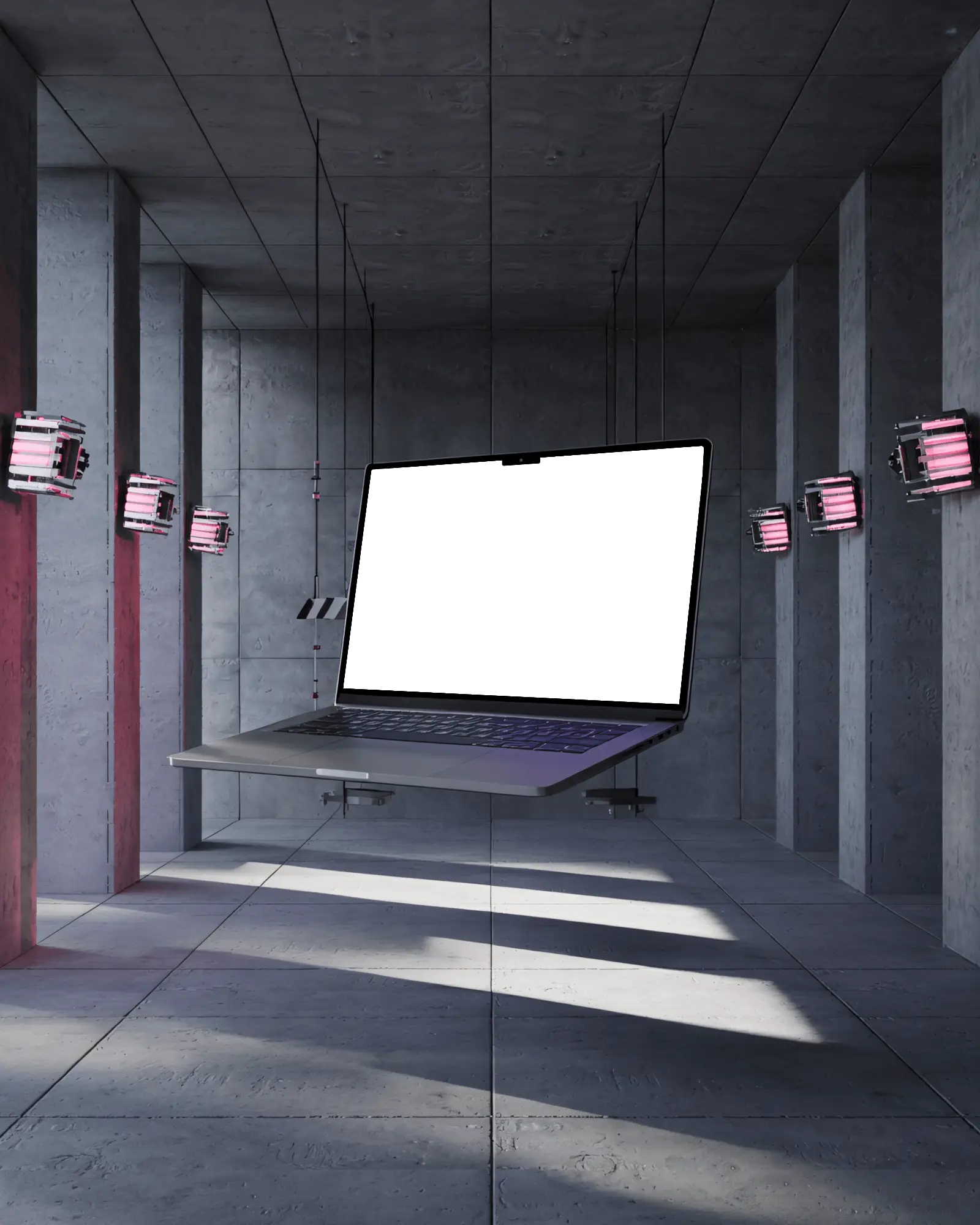 Professional Floating Macbook Pro M4 Mockup In A Dark Ambient Studio Showcasing Digital Devices