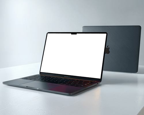 Dual View Macbook Mockup Front And Back On White Surface Elegant And Techy