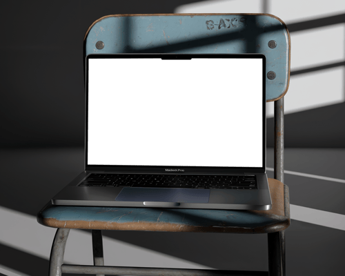 Vintage Industrial Macbook Mockup On Worn Blue Metal Chair