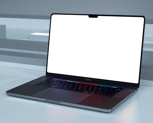 Modern Macbook Mockup On White Desk With Colorful Keyboard Lighting