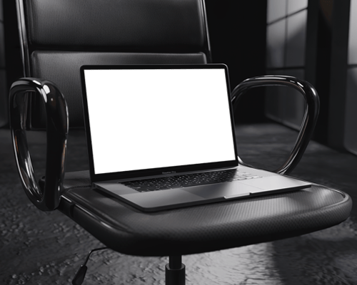 Professional Macbook Mockup On Black Leather Chair Corporate Setting