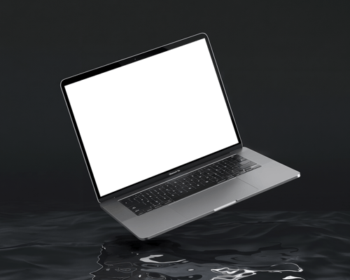 Reflective Macbook Mockup On Water Surface Dark Moody Ambiance