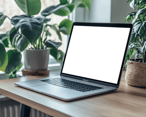 Nature Inspired Workspace Macbook Mockup Wooden Desk Green Plants Bright Lighting
