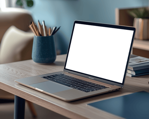 Minimalist Scandinavian Macbook Mockup Light Wood Desk Neutral Tones Work Environment