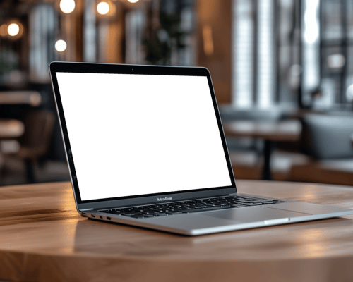 Stylish Modern Office Macbook Mockup Wooden Table Natural Lighting Workspace