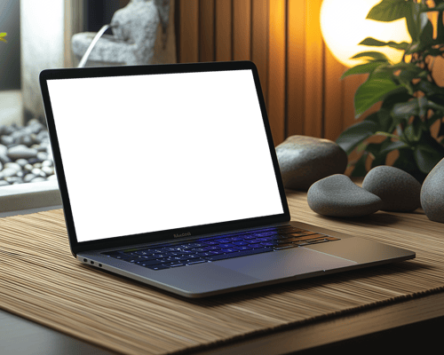 Cozy Home Office Macbook Mockup Wooden Desk Warm Lighting Modern Interior Setup