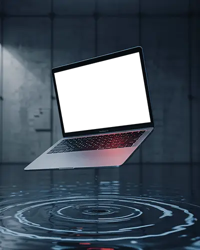 Sleek Modern Macbook Air M1 Floating Above Rippled Water Surface With Dark Industrial Background