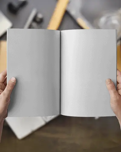 Open Spread Magazine Mockup Hands Holding Double Page Layout Over Designer Desk