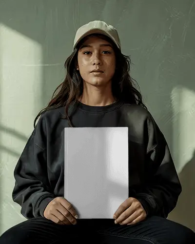 Bold Portrait Magazine Mockup Woman With Street Style Holding Publication Mockup