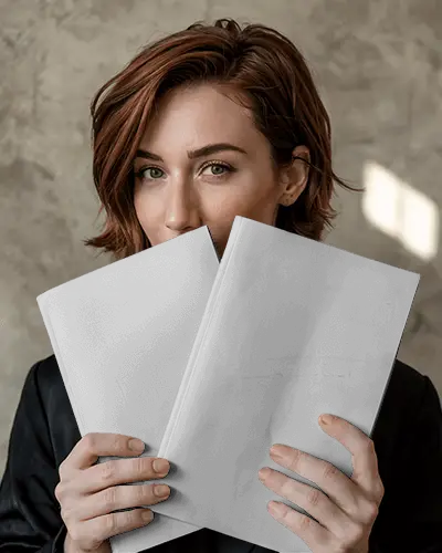 Editorial Magazine Mockup Double Cover In Hand By Redhead Woman With Minimal Background