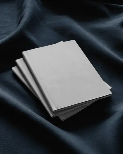 Luxury Themed Magazine Stack Mockup On Wrinkled Navy Cloth High Resolution Flat Lay