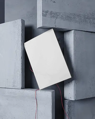 Minimalist A4 Magazine Mockup Leaning On Concrete Blocks Modern Urban Scene