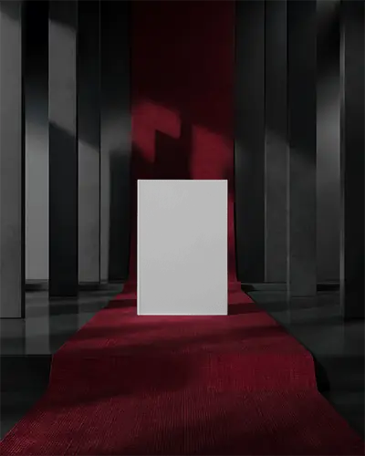 Dramatic Architectural Magazine Mockup Centered On Deep Red Carpet With Sharp Shadows And Sculptural Light Play High Impact Visual Staging 0161