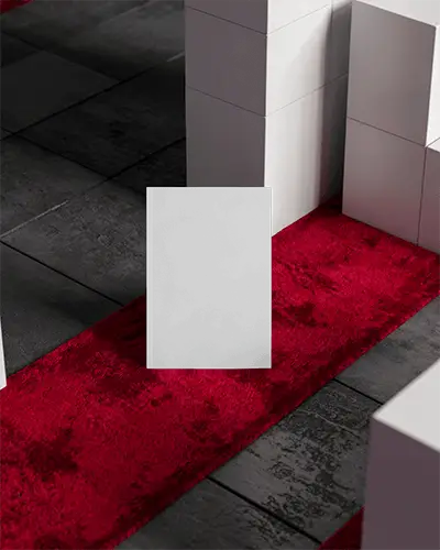 Textured Floor Magazine Mockup With Plush Red Carpet And Stacked White Cubes Modern Geometric Display In Soft Directional Light 0162