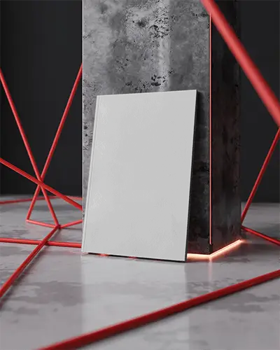 Futuristic Industrial Magazine Mockup Against Raw Concrete Pillar With Glowing Red Light Strips And Geometric Cable Frame Composition 0164