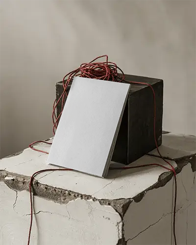 Rustic Studio Magazine Mockup Soft Neutral Lighting On Cracked White Plaster Blocks With Dark Box And Entwined Red Cord For Contrast And Depth 0166