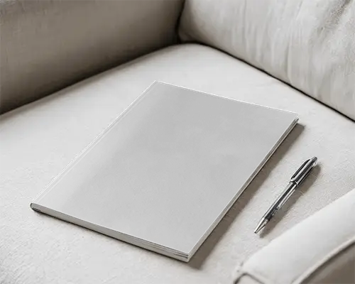 Angled Softcover Magazine Mockup On Light Fabric Sofa With Pen 0169