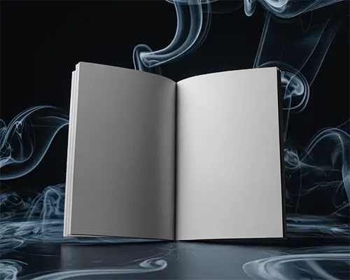 Moody Smoky Background Magazine Mockup Open Pages Centered View Dark Atmosphere With Ethereal Swirling Vapors 0202