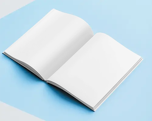 Bright Open Magazine Mockup On Clean Light Blue Background Showing Double Page Layout In Flatlay Style 0212