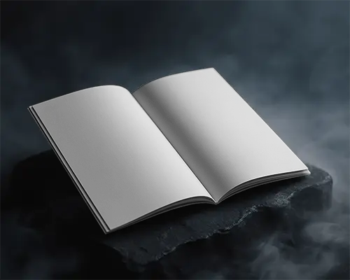Dramatic Open Magazine Mockup On Dark Stone Platform With Misty Atmosphere And Moody Lighting 0213