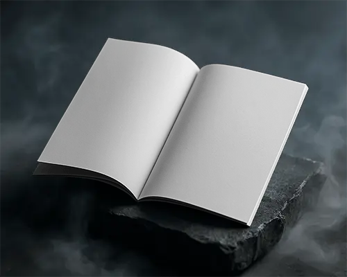 Cinematic Open Magazine Mockup On Dark Stone Platform Surrounded By Soft Mist And Dramatic Light 0215
