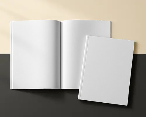 Editorial Magazine Mockup With One Open Layout And One Closed Cover Against Two Tone Neutral Surface 0218