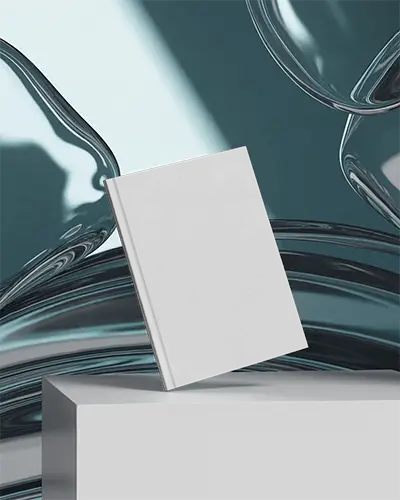 Upright Magazine Mockup Tilted On White Pedestal Against Liquid Glass Abstract Background With Modern Lighting 0223